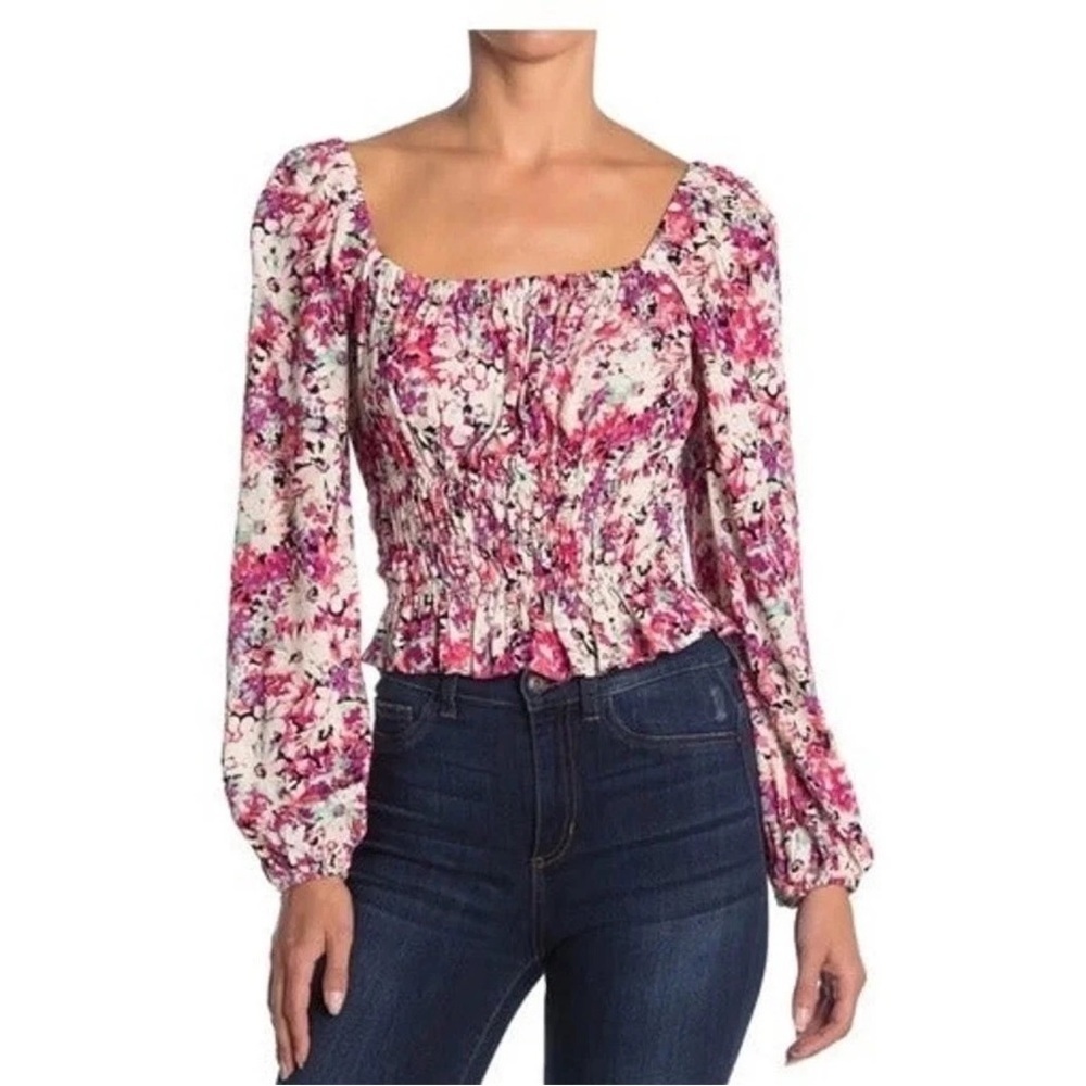 ASTR The Label Floral Smocked Long Sleeve Peplum Blouse Elastic Waist Size M